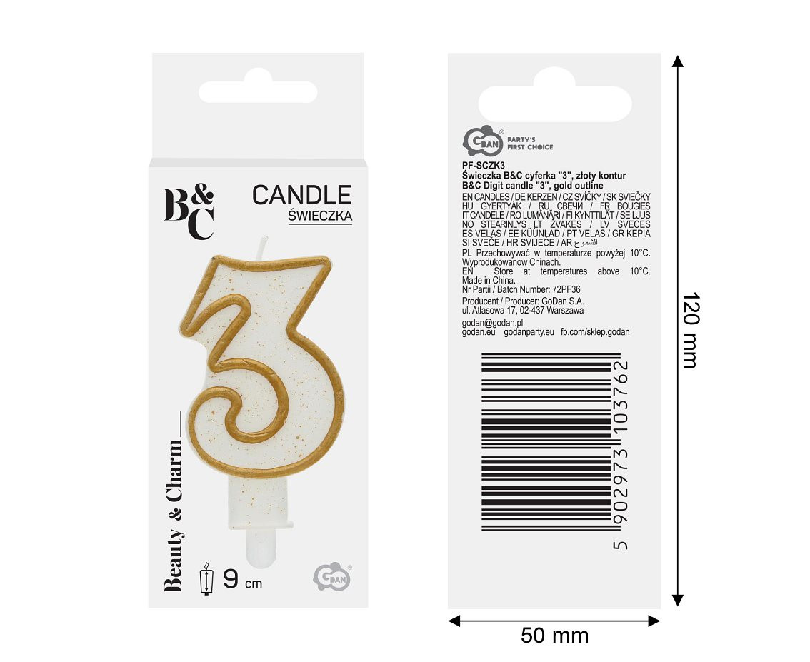 Digit candle "3", gold outline, 8 cm